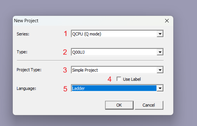 Select CPU, PLC and programming language in GX works 2